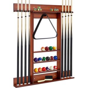 imageGoplus Pool Cue Rack Wall Mounted Billiard Stick Holder Made of Solid Pine Wood Holds 8 Cues ampamp Full Ball Set ampamp 1 Ball Rack Compact Billiards Accessories for Club Bar Brown
