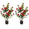 imageGoplus 38 Artificial Camellia Tree Flower Plants Artificial Tree Faux Floral Plant Blooming Tree in Cement Pot Greenery Potted Plant for Indoor Outdoor Office Home Porch DecorRed