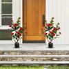 imageGoplus 38 Artificial Camellia Tree Flower Plants Artificial Tree Faux Floral Plant Blooming Tree in Cement Pot Greenery Potted Plant for Indoor Outdoor Office Home Porch DecorRed