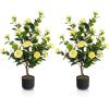 imageGoplus 38 Artificial Camellia Tree Flower Plants Artificial Tree Faux Floral Plant Blooming Tree in Cement Pot Greenery Potted Plant for Indoor Outdoor Office Home Porch DecorYellow