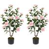 imageGoplus 38 Artificial Camellia Tree Flower Plants Artificial Tree Faux Floral Plant Blooming Tree in Cement Pot Greenery Potted Plant for Indoor Outdoor Office Home Porch DecorPink