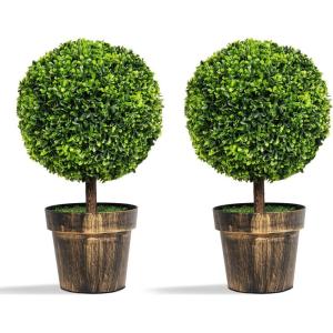 imageGoplus 22 Artificial Boxwood Topiary Ball Tree Set of 2 UV Resistant Faux Potted Plants Artificial Shrubs Bushes with Orange Fruits Fake Evergreen Artificial Topiary for Home Front Porch DecorGreen