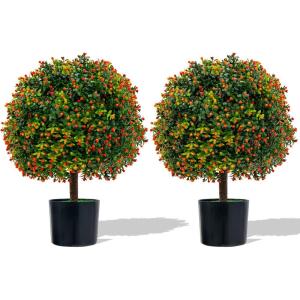 imageGoplus 22 Artificial Boxwood Topiary Ball Tree Set of 2 UV Resistant Faux Potted Plants Artificial Shrubs Bushes with Orange Fruits Fake Evergreen Artificial Topiary for Home Front Porch DecorOrange