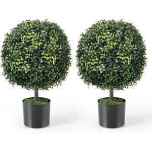 imageGoplus 22 Artificial Boxwood Topiary Ball Tree Set of 2 UV Resistant Faux Potted Plants Artificial Shrubs Bushes with Orange Fruits Fake Evergreen Artificial Topiary for Home Front Porch DecorDark Green