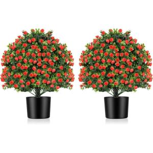 imageGoplus 22 Artificial Boxwood Topiary Ball Tree Set of 2 UV Resistant Faux Potted Plants Artificial Shrubs Bushes with Orange Fruits Fake Evergreen Artificial Topiary for Home Front Porch DecorRose