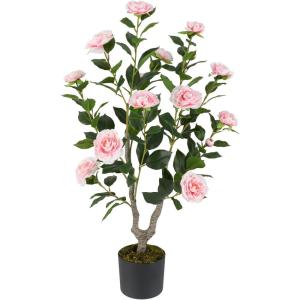 imageGoplus 38 Artificial Camellia Tree Flower Plants Artificial Tree Faux Floral Plant Blooming Tree in Cement Pot Greenery Potted Plant for Indoor Outdoor Office Home Porch DecorPink