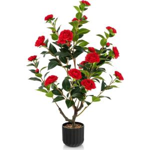 imageGoplus 38 Artificial Camellia Tree Flower Plants Artificial Tree Faux Floral Plant Blooming Tree in Cement Pot Greenery Potted Plant for Indoor Outdoor Office Home Porch DecorRed