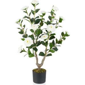 imageGoplus 38 Artificial Camellia Tree Flower Plants Artificial Tree Faux Floral Plant Blooming Tree in Cement Pot Greenery Potted Plant for Indoor Outdoor Office Home Porch DecorWhite