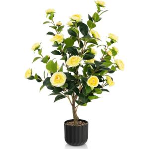 imageGoplus 38 Artificial Camellia Tree Flower Plants Artificial Tree Faux Floral Plant Blooming Tree in Cement Pot Greenery Potted Plant for Indoor Outdoor Office Home Porch DecorYellow