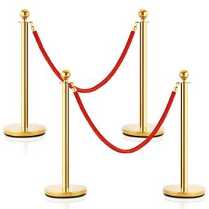 imageGoplus 4 PCS Gold Stanchion Set Stainless Steel Stanchions and 5 FT Red Velvet Round Top Stanchion Post wConcrete ampamp Metal Base Crowd Control Safety Barriers for Red Carpet Theater Ceremony