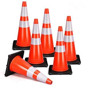imageGoplus 6PCS Traffic Cones 28quot PVC Safety Road Parking Cones Driving Construction Cones Weighted Hazard Cones Orange with 6quotampamp4quot Reflective Strips Collar