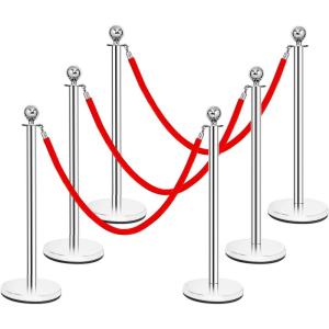 imageGoplus 6Pcs Stainless Steel Stanchion Set Stanchions and 5FT Red Velvet Ropes Round Top Polished Silver Stanchion Posts Queue Line Pole Crowd Control Safety Barriers for Theaters Museum PartySilver