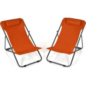 imageGoplus Beach Sling Chair for Adults 2 Pcs Portable Folding Camping Chair W 3Position Adjustable Backrest ampamp Comfy Headrest Outdoor Heavy Duty Lounge OrangeOrange