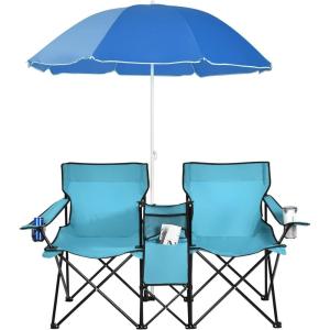 imageGoplus Double Camping Chair with Umbrella Folding Loveseat Chairs wCanopy Shade Carrying Bag Table Cup Holder Portable Beach Chairs Outdoor Picnic Patio BlueTurquoise