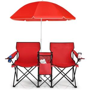imageGoplus Double Camping Chair with Umbrella Folding Loveseat Chairs wCanopy Shade Carrying Bag Table Cup Holder Portable Beach Chairs Outdoor Picnic Patio BlueRed