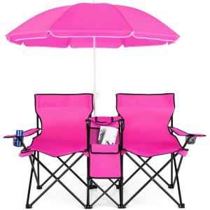imageGoplus Double Camping Chair with Umbrella Folding Loveseat Chairs wCanopy Shade Carrying Bag Table Cup Holder Portable Beach Chairs Outdoor Picnic Patio BluePink