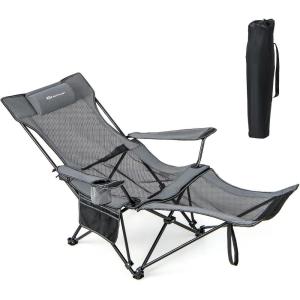 imageGoplus Reclining Camping Chair with Foot Rest Folding Lounge Chair for Adults wAdjustable Backrest Storage Bag ampamp Cup Holder Portable Recliner Beach Chair Outdoor Camp Picnics 330 LBS 2 KhakiGrey