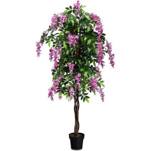 imageGoplus 6FT Ficus Artificial Tree Fake Wisteria Tree in Nursery Pot Greenery Faux Floor Plant Tall Artificial Plants for Indoor Outdoor Bedroom Living Room DecorRosy