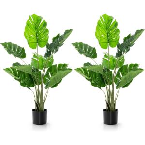 imageGoplus Artificial Monstera Deliciosa Plant 4ft Tall Fake Tropical Palm Tree w10 Pcs Different Turtle Leaves CementFilled Plastic Pot Faux Swiss Cheese Plant for Floor Home Office Decor 2 Pack4ft2