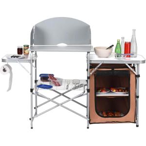 imageGoplus Camping Kitchen Table Portable Outdoor Cooking Table with Storage 26 Tabletop Detachable Windscreen Camp Cook Station Folding Grill Table for Tailgating BBQ Picnic Backyard Beach RVBrown
