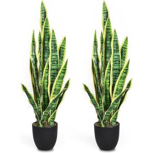 imageGoplus Fake Snake Plant 2 Pack 36quot Tall Artificial Potted Floor Plant Large Faux Sansevieria Plant with 6 Pot and 20pcs Leaves for Living Room House Modern Office Indoor DecorGolden  2 Pack