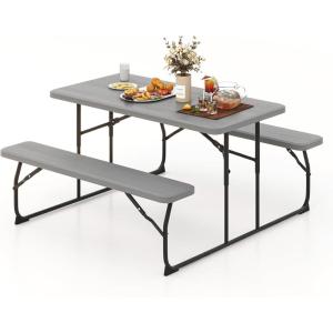 imageGoplus Foldable Picnic Table with Benches Rectangular Camping Table Set with Metal Frame Folding Indoor Outdoor Dining Table Set for Garden Patio Backyard WhiteGrey