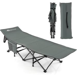 imageGoplus Folding Camping Cot 275quot Sleeping Cot for Adults with Carry Bag 600LBS Weight Capacity Slanted Head Side Pocket Heavy Duty Portable Camping Bed for Kids Beach Office Snap BlueGrey