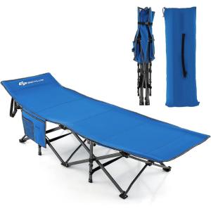 imageGoplus Folding Camping Cot 275quot Sleeping Cot for Adults with Carry Bag 600LBS Weight Capacity Slanted Head Side Pocket Heavy Duty Portable Camping Bed for Kids Beach Office Snap BlueBlue