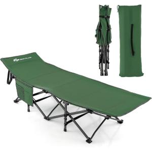 imageGoplus Folding Camping Cot 275quot Sleeping Cot for Adults with Carry Bag 600LBS Weight Capacity Slanted Head Side Pocket Heavy Duty Portable Camping Bed for Kids Beach Office Snap BlueGreen