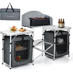 imageGoplus Folding Camping Kitchen Table with Storage Aluminum Portable Outdoor Cooking Table with Windscreen Foldable Camp Table Cook Station for BBQ Grill Party Picnics 68D x 19W x 435H in BlackGrey