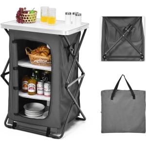 imageGoplus Folding Camping Storage Cabinet Pop Up Outdoor Camping Kitchen Station with Large 3Tier Storage Organizer Carry Bag Easy Set Up Portable Compact Camping Table for BBQ Picnic Backyard 5535