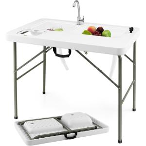 imageGoplus Folding Fish Cleaning Table with Dual Water Basins Heavy Duty Fillet Table with Hose Hook Up Sink and Faucet Portable Outdoor Camping Sink Station for Dock Beach Patio Picnic 40without Grid Rack