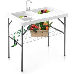imageGoplus Folding Fish Cleaning Table with Dual Water Basins Heavy Duty Fillet Table with Hose Hook Up Sink and Faucet Portable Outdoor Camping Sink Station for Dock Beach Patio Picnic 40with Grid Rack