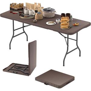 imageGoplus Folding Tables 6ft Foldable Plastic Card Table Portable Heavy Duty Fold Up Table wHandle White Outdoor Utility Folding Table for Picnic Party Dining Camping Beach BBQ No AssemblyCoffee