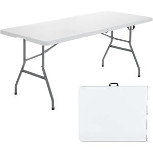 imageGoplus Folding Tables 6ft Foldable Plastic Card Table Portable Heavy Duty Fold Up Table wHandle White Outdoor Utility Folding Table for Picnic Party Dining Camping Beach BBQ No AssemblyWhite