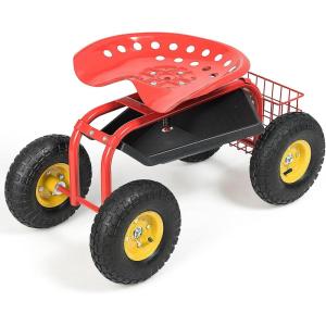 imageGoplus Garden Seat with Wheels Rolling Garden Cart with Adjustable 360 Swivel Seat Tool Tray Basket for Lawn Yard Patio Heavy Duty Gardening Stool Outdoor Wagon Scooter for SeniorsRed