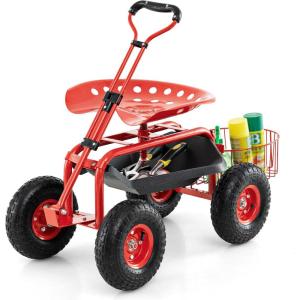 imageGoplus Rolling Garden Cart with Seat Outdoor Garden Stool with Wheels Tool Tray ampamp Basket Adjustable Steering Handle 360 Degree Swivel Seat for Planting Gardening Scooter for Lawn Yard PatioRed