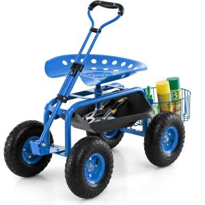 imageGoplus Rolling Garden Cart with Seat Outdoor Garden Stool with Wheels Tool Tray ampamp Basket Adjustable Steering Handle 360 Degree Swivel Seat for Planting Gardening Scooter for Lawn Yard PatioBlue