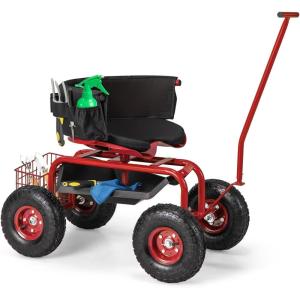 imageGoplus Rolling Garden Seat with Wheels Outdoor Garden Cart with 360 Swivel Seat ampamp Tool Storage 2 Steering Handles Gardening Stool Wagon Scooter Lawn Patio Gardening Workseat for SeniorsRed