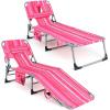 imageGoplus Tanning Chair Folding Adjustable Patio Lounge Chair with Face Hole Removable Pillow 330LBS Carry Strap Outdoor Sunbathing Chair Lightweight Portable Beach Lounge Chair 1 BeigePink Stripe