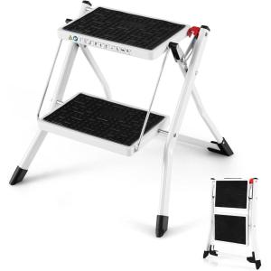 imageGoplus 2 Step Ladder Lightweight Folding Step Stool with AntiSlip Pedals NonSlip Foot Covers Heavy Duty Metal Stepladder for Household Kitchen 330 LBS Weight Capacity White ampamp Black