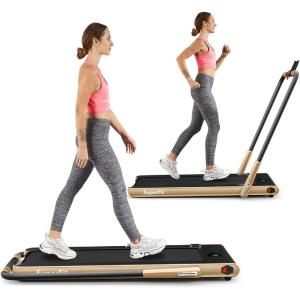 imageGoplus 2 in 1 Folding Treadmill 225HP Under Desk Electric Superfit Treadmill InstallationFree with APP Control Remote Control Bluetooth Speaker LED Display Walking for HomeChampagne