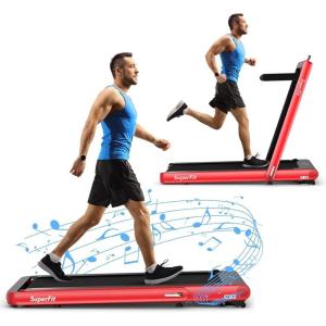 imageGoplus 2 in 1 Folding Treadmill 475HP Superfit Under Desk Electric Treadmill with APP Control LED Touch Screen Blue Tooth Speaker Remote Control Walking Jogging for Home OfficeRed