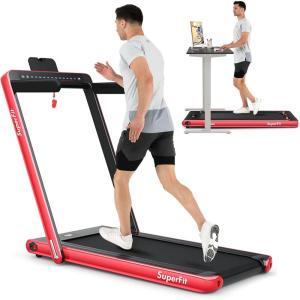 imageGoplus 2 in 1 Folding Treadmill with Dual Display 225HP Superfit Under Desk Electric Pad Treadmill InstallationFree Blue Tooth Speaker APP Control Remote Control Walking Jogging for HomeRed