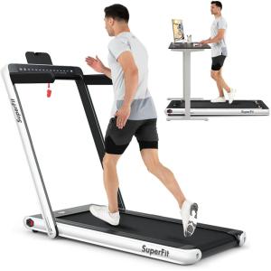 imageGoplus 2 in 1 Folding Treadmill with Dual Display 225HP Superfit Under Desk Electric Pad Treadmill InstallationFree Blue Tooth Speaker APP Control Remote Control Walking Jogging for HomeWhite