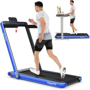 imageGoplus 2 in 1 Folding Treadmill with Dual Display 225HP Superfit Under Desk Electric Pad Treadmill InstallationFree Blue Tooth Speaker APP Control Remote Control Walking Jogging for HomeBlue
