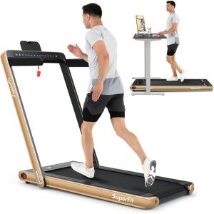 imageGoplus 2 in 1 Folding Treadmill with Dual Display 225HP Superfit Under Desk Electric Pad Treadmill InstallationFree Blue Tooth Speaker APP Control Remote Control Walking Jogging for HomeChampagne