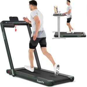 imageGoplus 2 in 1 Folding Treadmill with Dual Display 225HP Superfit Under Desk Electric Pad Treadmill InstallationFree Blue Tooth Speaker APP Control Remote Control Walking Jogging for HomeDark Green