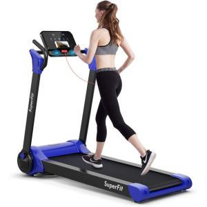 imageGoplus 225HP Electric Folding Treadmill InstallationFree Design with 8Stage Damping System Large LED Touch Display and Blue Tooth Speaker Compact Running Machine Superfit Treadmill for Home UseNavy Blue