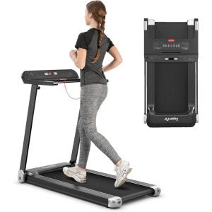 imageGoplus Folding Treadmill Compact Superfit Treadmill with APP Control Blue Tooth Speaker 12 Preset Programs LED Display and Device Holder Walking Running Machine for Home OfficeBlackSilver